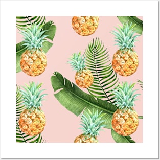 Pineapple Illustration Leaves Hawaiian Pink Tropical Posters and Art